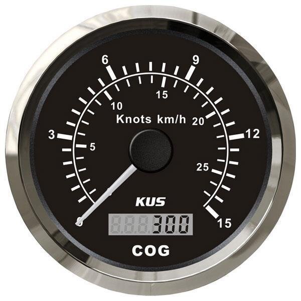Compteur de vitesse GPS KUS avec affichage de la vitesse et du cap de 0 à 15 nœuds / 27 km/h - noir